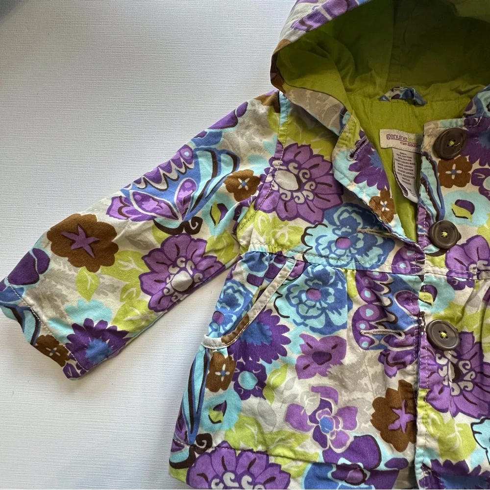 Oshkosh purple green floral print hooded jacket baby girl 12 mo button closure‎